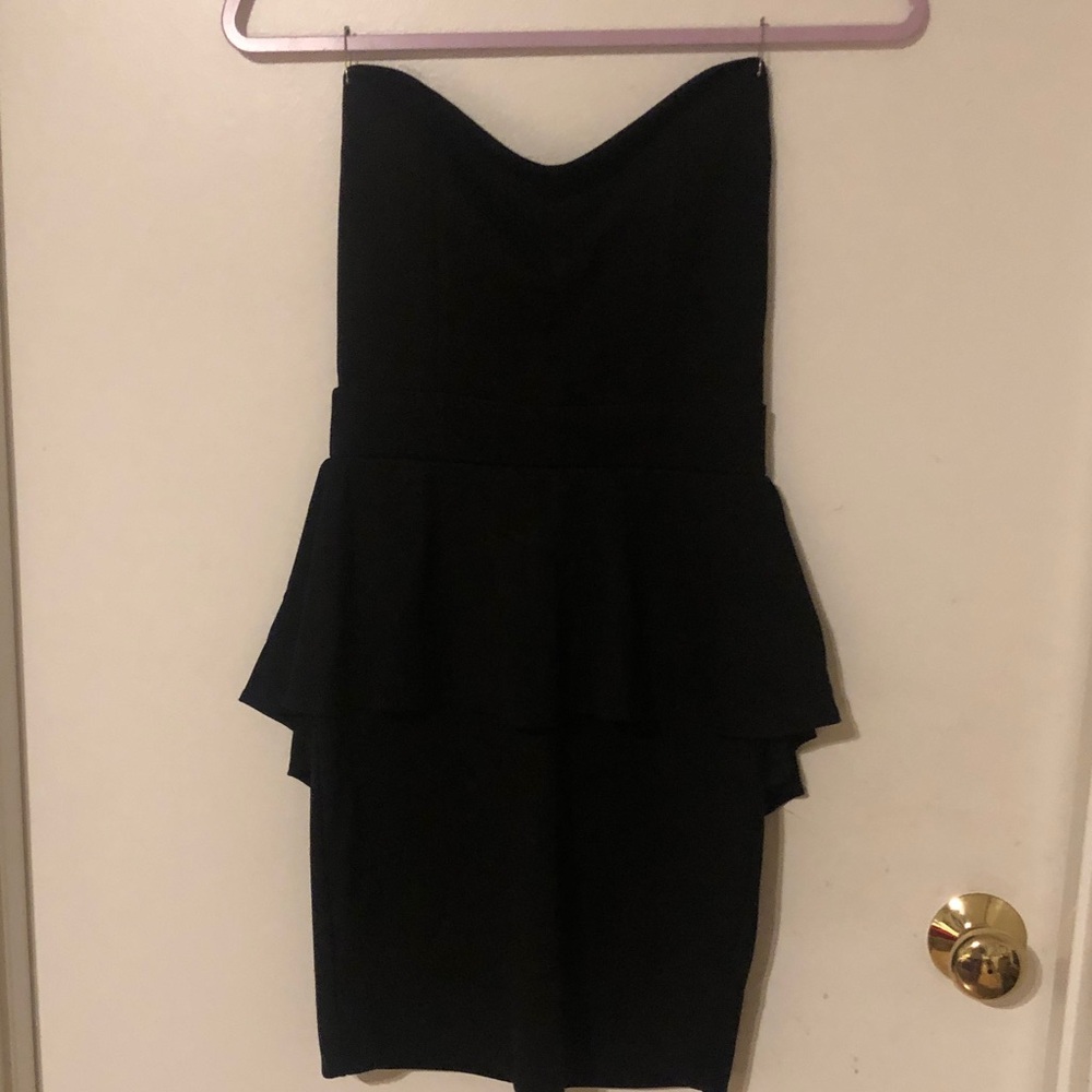 Poof Couture Black Strapless Peplum Sheath Dress